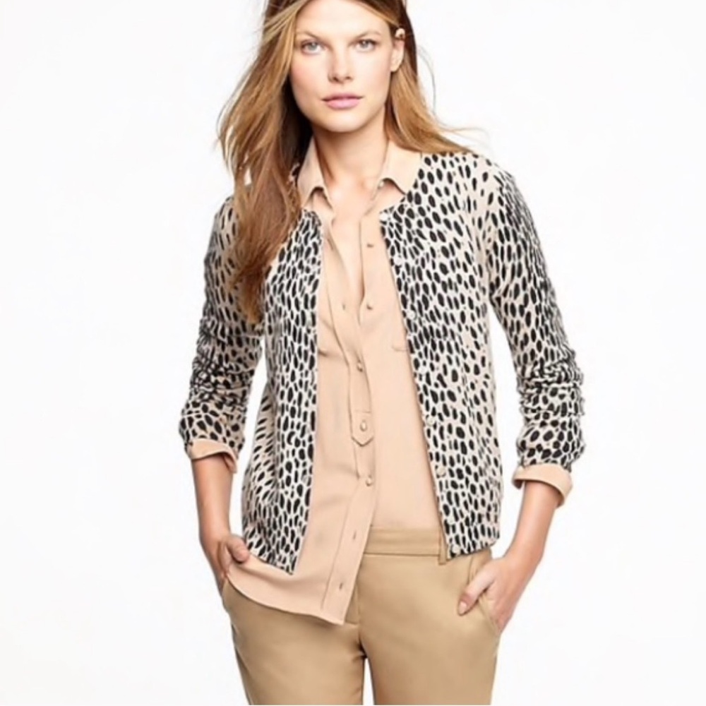 J Crew “wildcat” animal print cardigan 100% wool